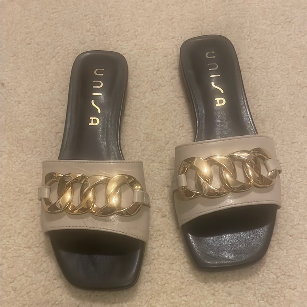 Unisa Cream and Gold Mules with Chic Chain Detail